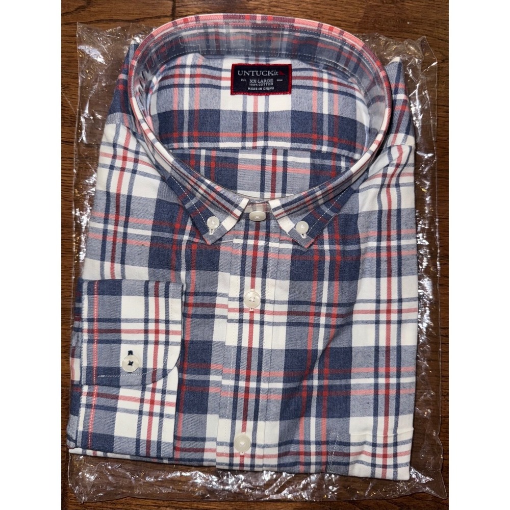 UNTUCKit Pleiades Shirt XXL Regular Fit Navy Red Cream Plaid Button‎ Down NWT